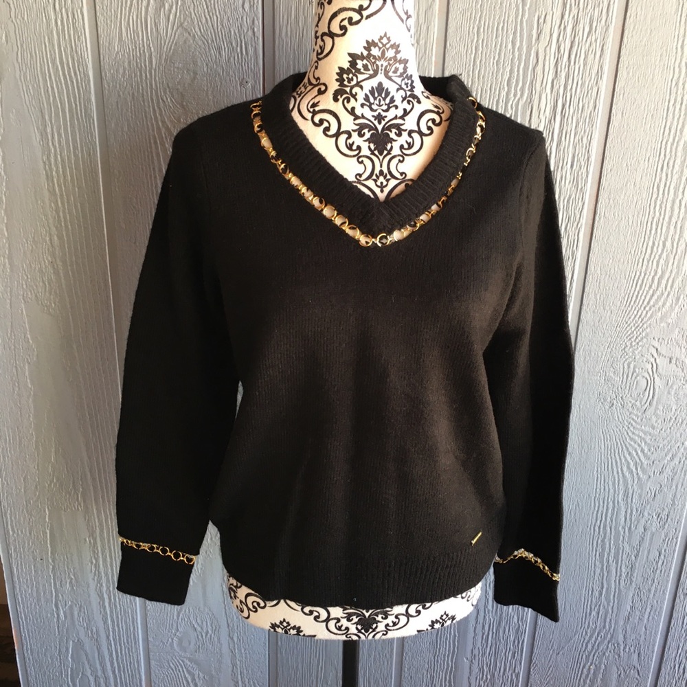 Michael Kors Black Gold Chain Detail Sweater V-Neck NWT